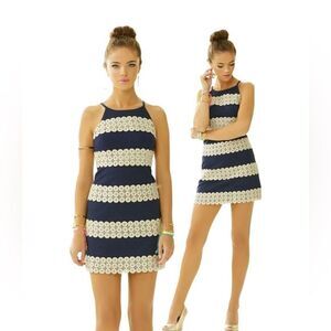 NWT Lilly Pulitzer Annabelle True Navy Gold Lace Stripe Shift Dress Size 00
